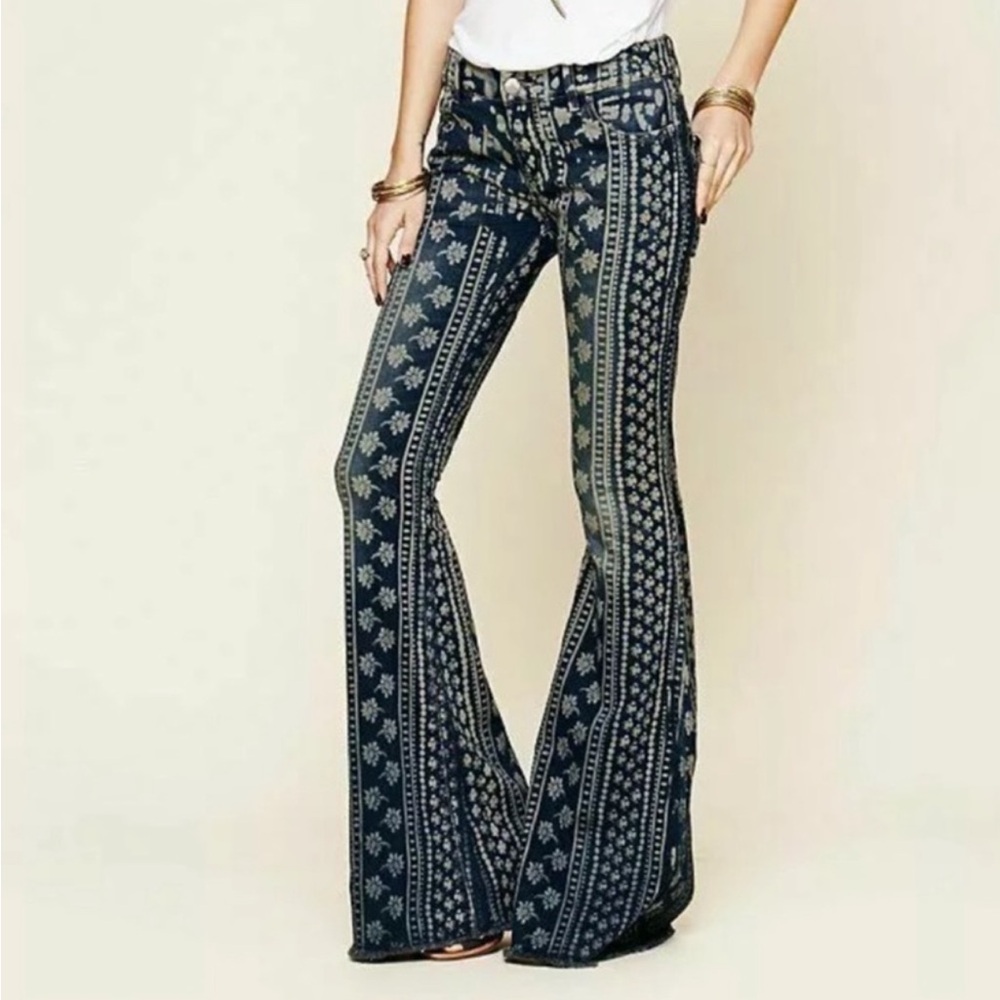 Free People Rare Bali Flare Mantra Indigo Patterned Bell Bottom Fringed Pants